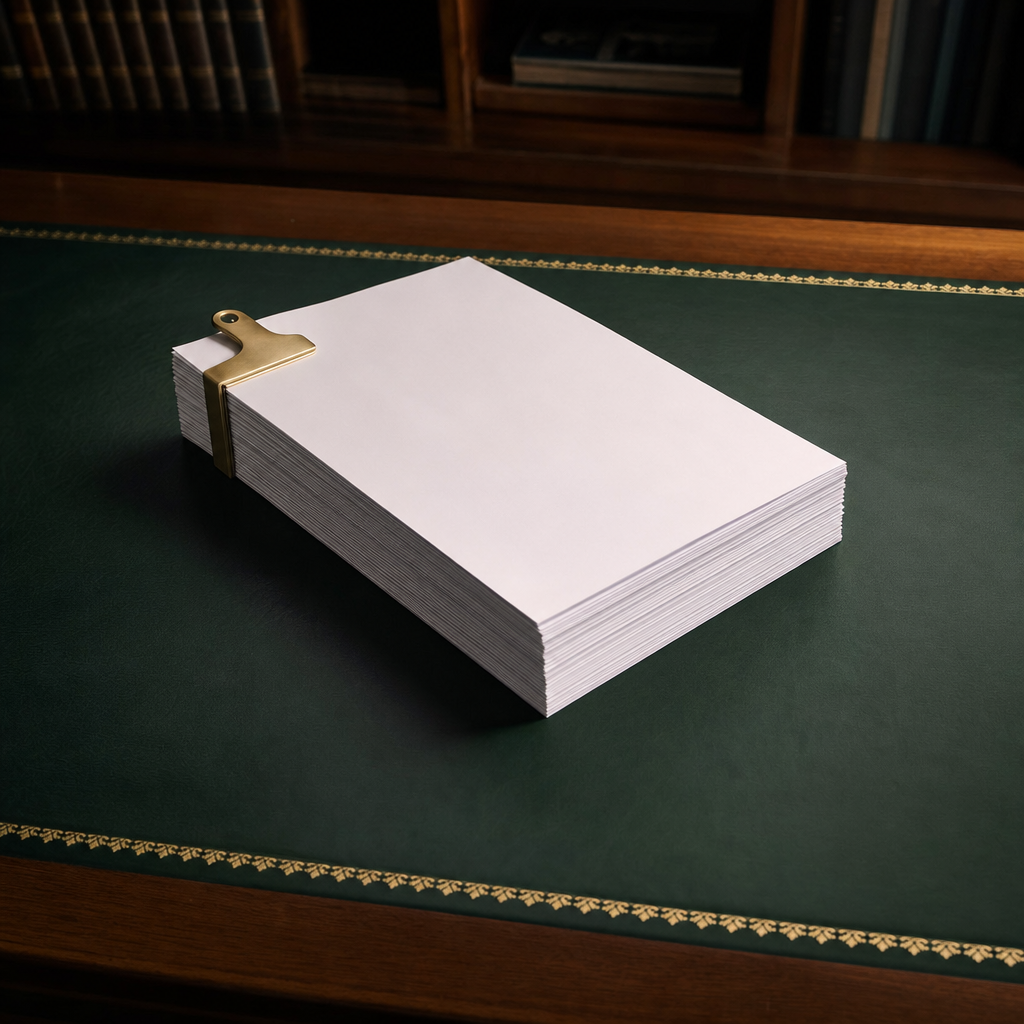 A bound stack of premium audit documents on a leather desk — the regulator-ready integrity pack Bidline produces for every round.