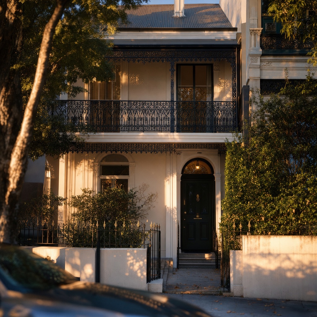 A brick terrace at dusk with the front light on, shown inside a Bidline listing card.
