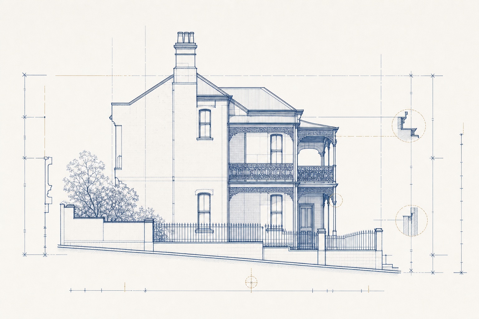 A blueprint-style technical drawing of a terrace house — the level of rigour Bidline applies to an off-market sale.